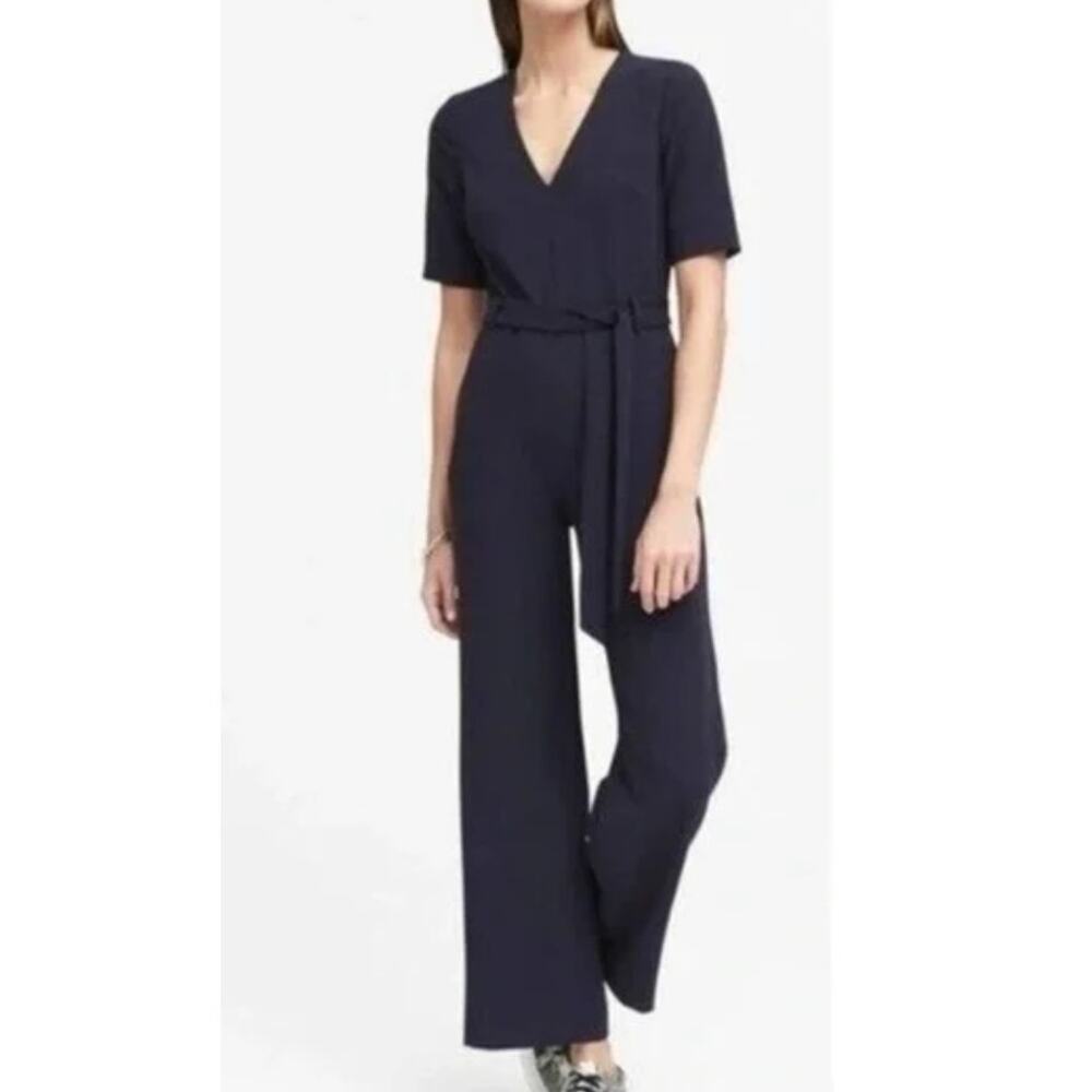 Banana Republic Belted Pantsuit Womens Size 10 Navy High Rise Wide Leg Medium